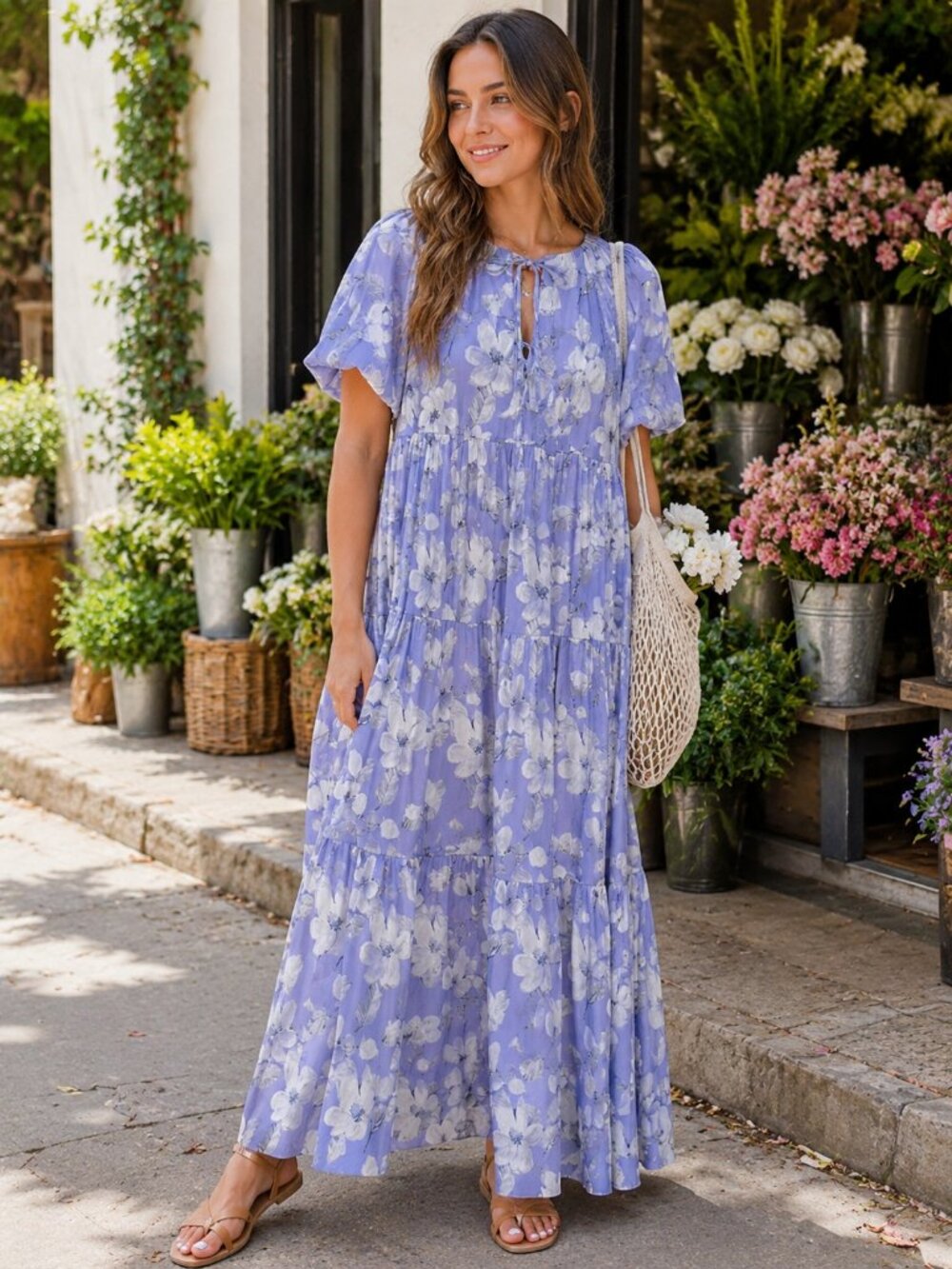 Jacquie the Label Emilia Oversized Midi Dress in Blue Multi Size Small NWT